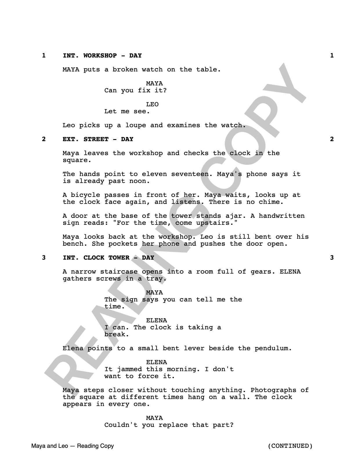 First page of Maya and Leo exported from KinoWriter with a READING COPY watermark